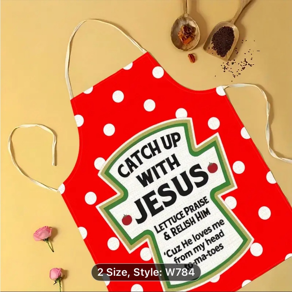 ✝️💜Red Polka Dot Apron with Catch Up With Jesus Design✝️💜